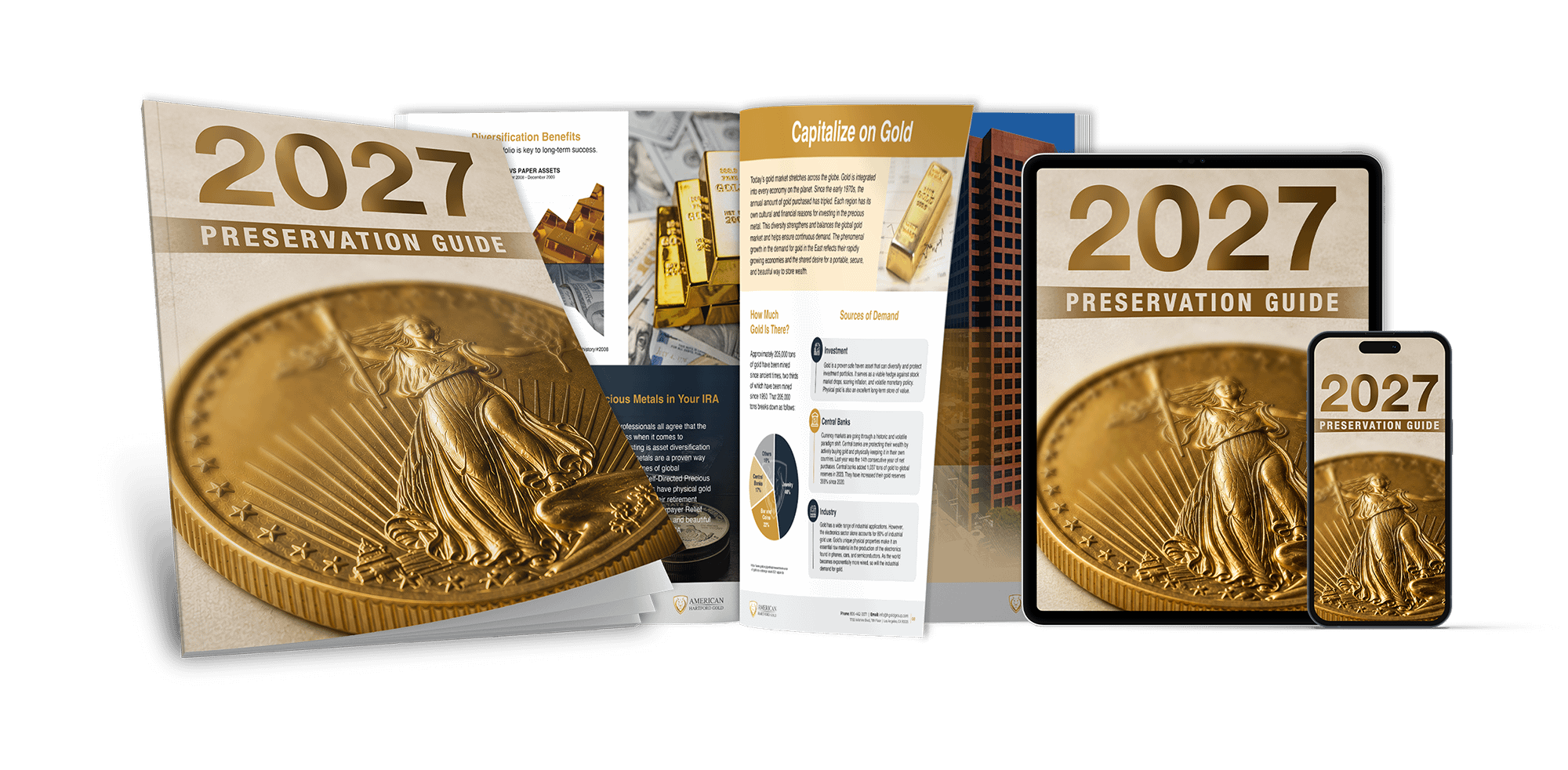 American Hartford Gold's free 2027 Preservation Guide bundle: printed guide with a Double Eagle gold coin cover, open interior pages on gold's value and precious metals IRAs, plus digital editions on tablet and smartphone. Your 2027 wealth protection playbook.