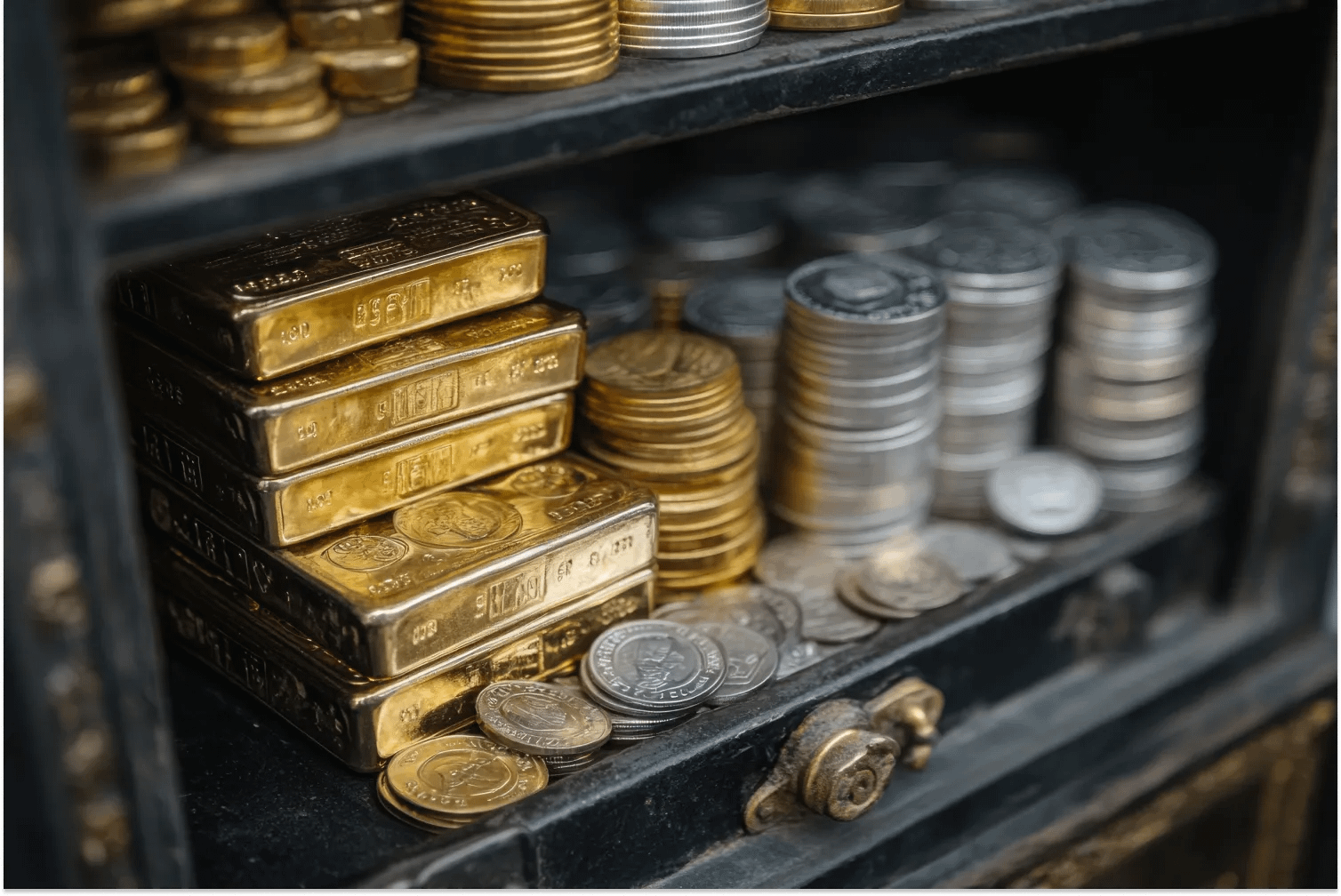 Image of safe filled with gold bars and silver coins. Investing in precious metals provides financial security and protection during retirement.